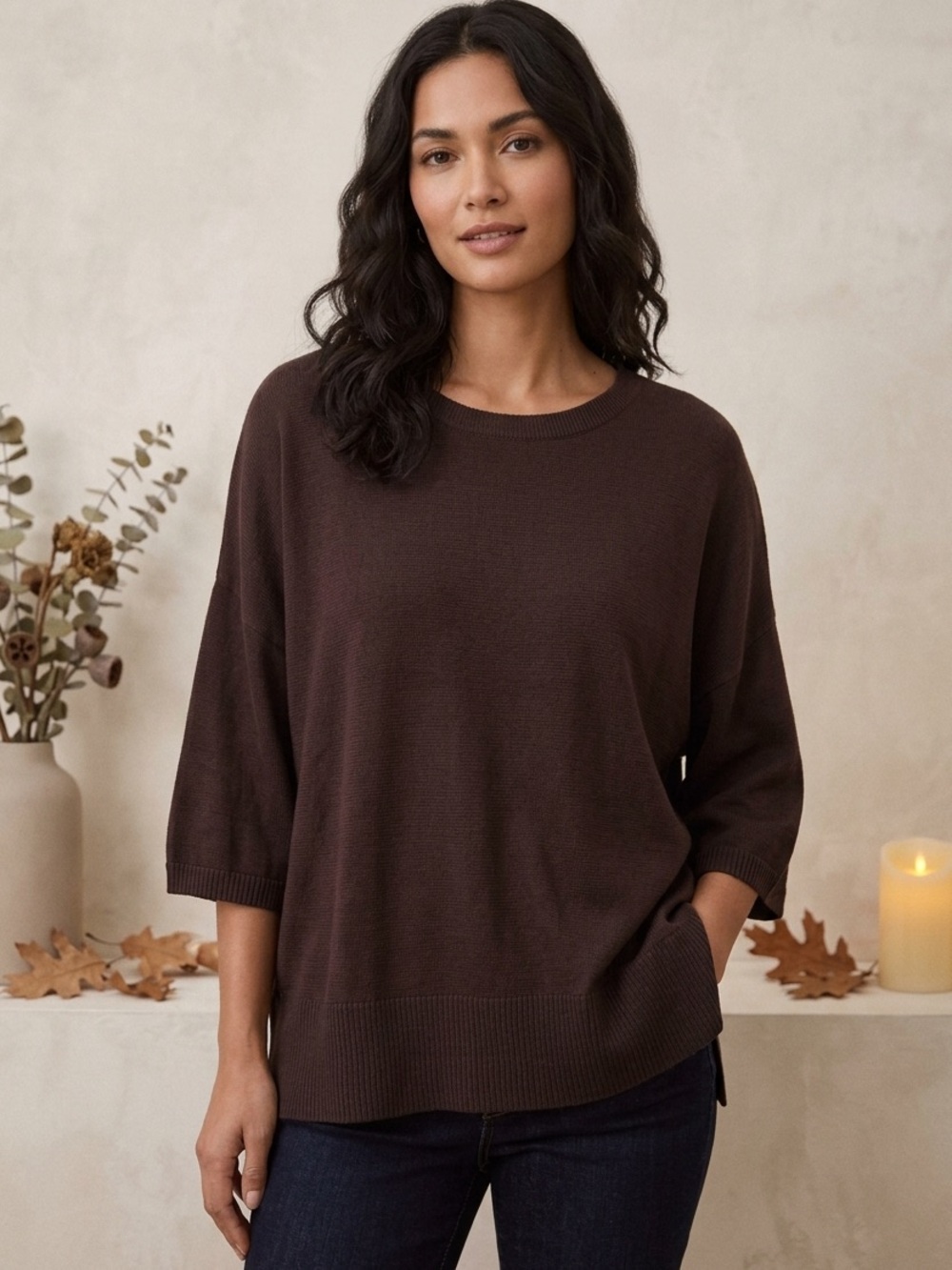 Brown Slouched Sweater Knit Top